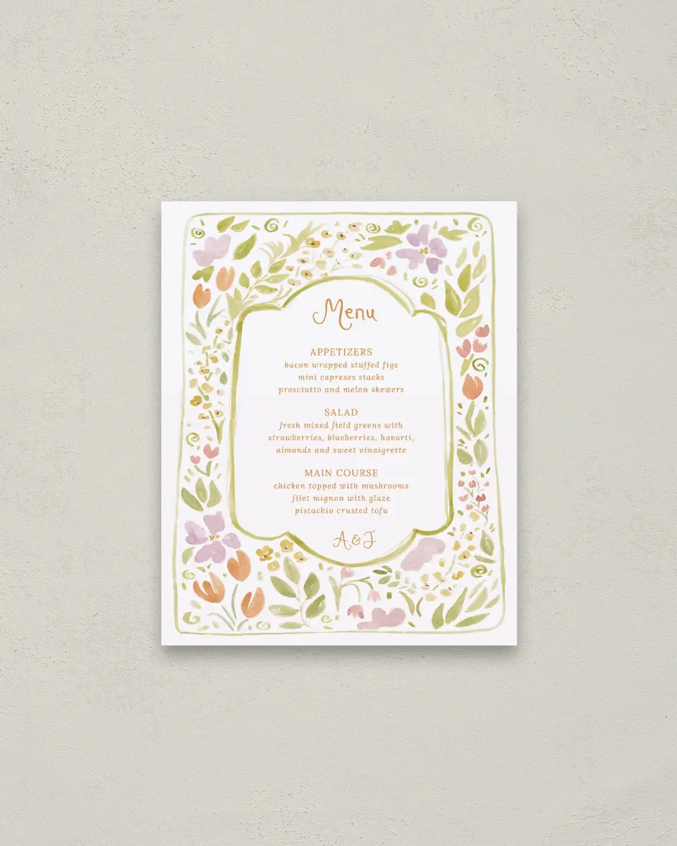 This is a 16" x 20" Menu Sign called Floral Whimsy printed in full color