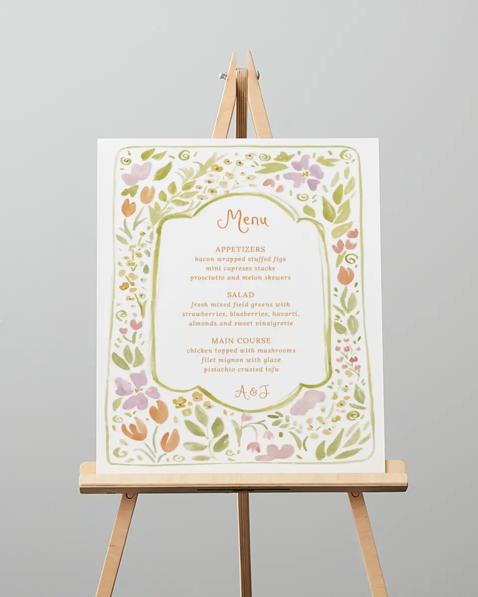 This is a 16" x 20" Menu Sign called Floral Whimsy printed in full color