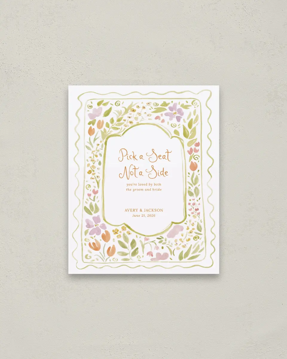 This is a 16" x 20" Pick a Seat Sign called Floral Whimsy printed in full color