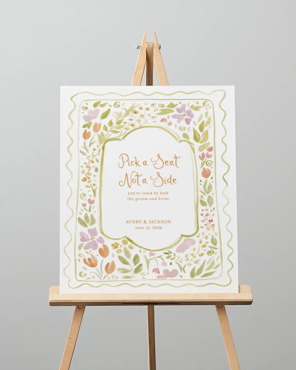 This is a 16" x 20" Pick a Seat Sign called Floral Whimsy printed in full color