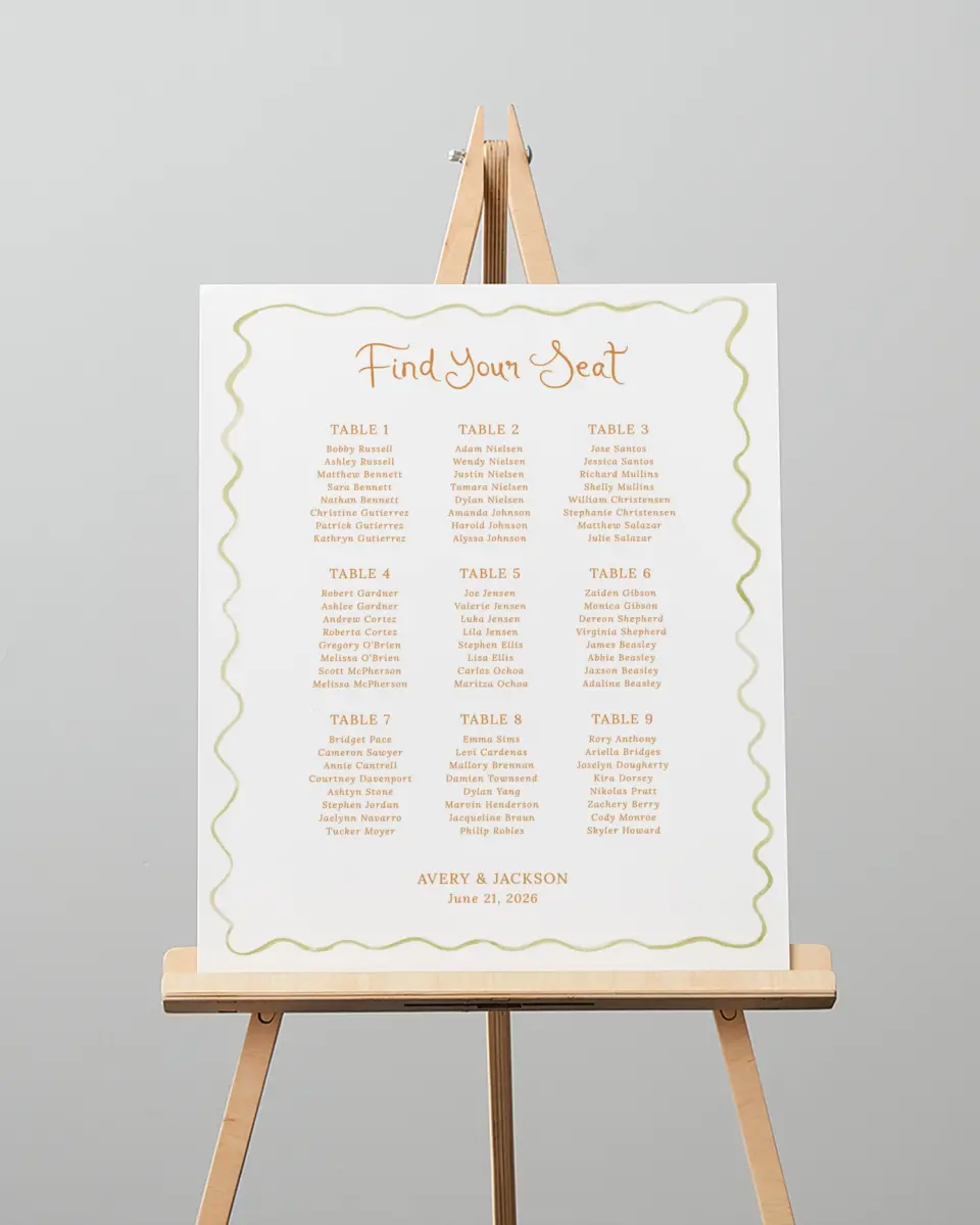 This is a 16" x 20" Seating Chart Sign called Floral Whimsy printed in full color