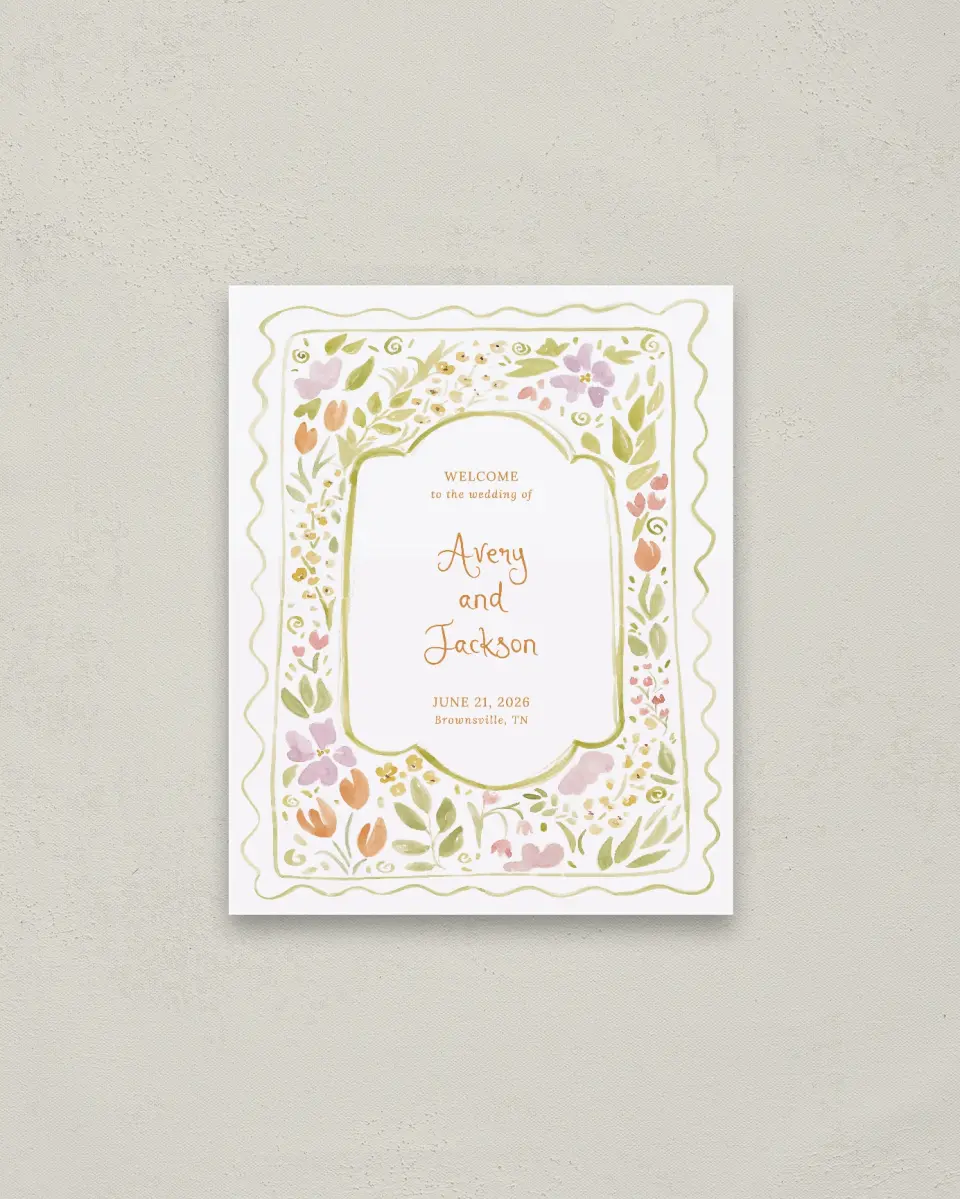 This is a 16" x 20" Welcome Sign called Floral Whimsy printed in full color