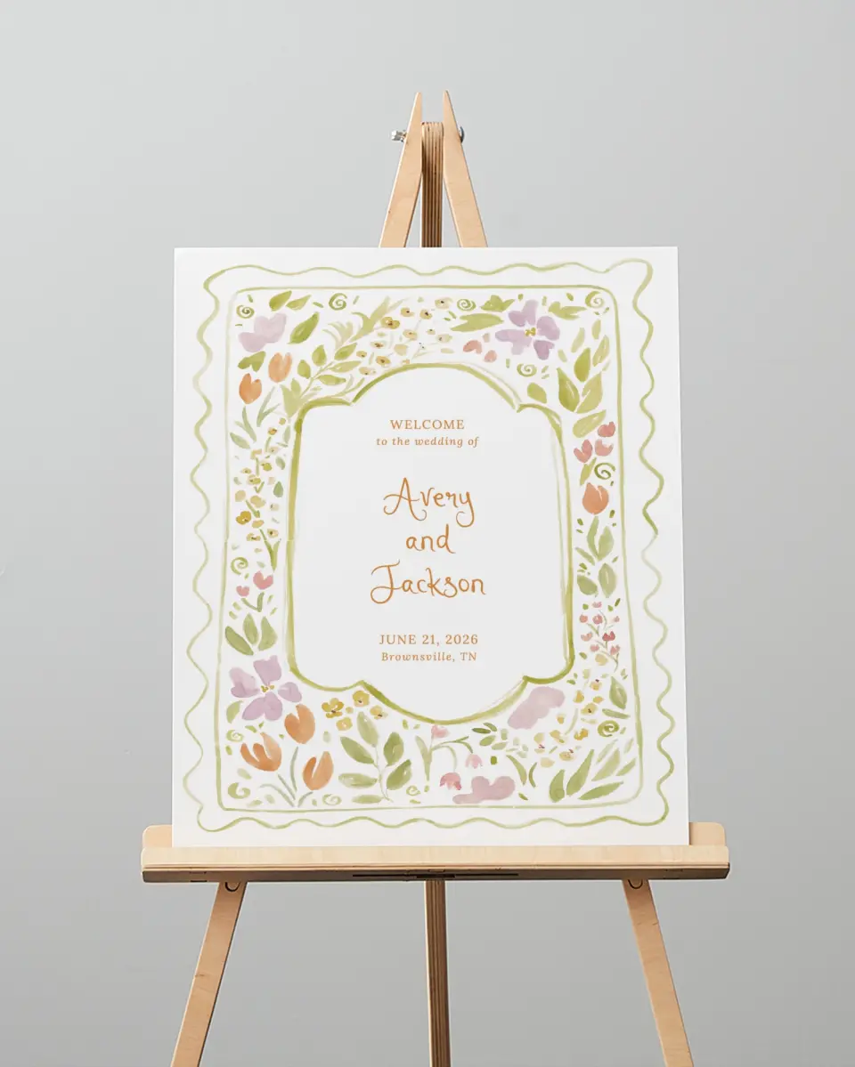 This is a 16" x 20" Welcome Sign called Floral Whimsy printed in full color