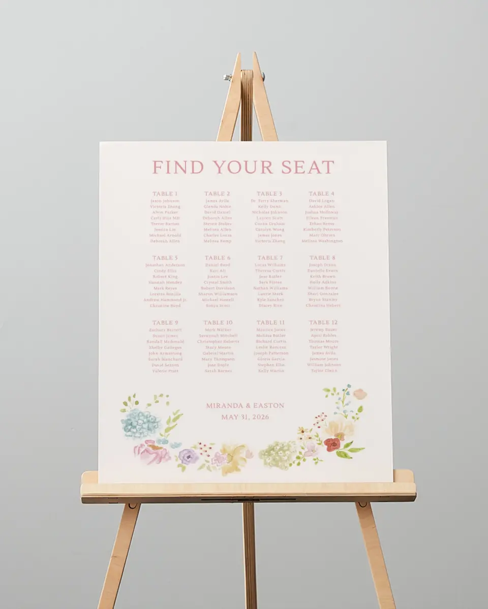This is a 16" x 20" Seating Chart Sign called Dainty Garden printed in full color