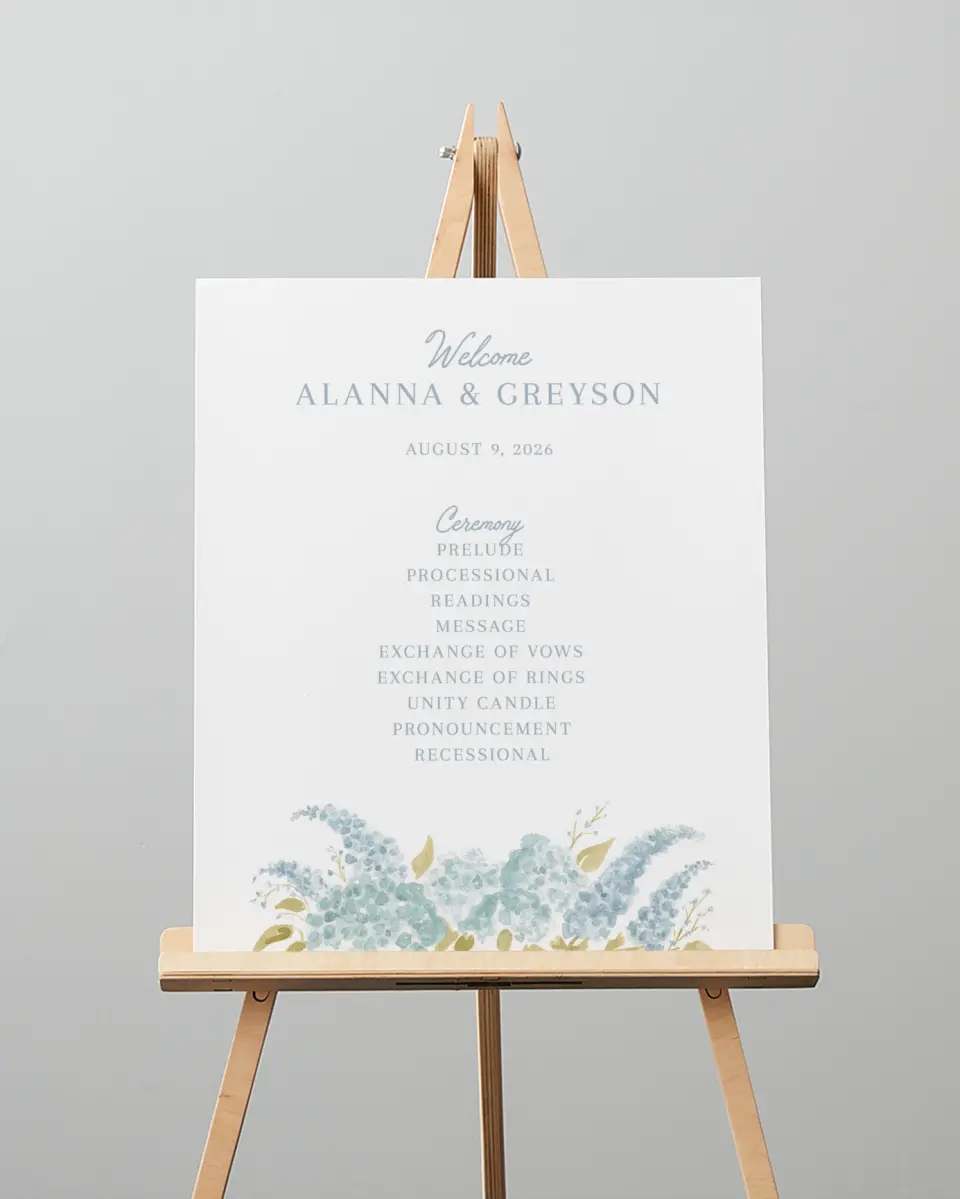 This is a 16" x 20" Ceremony Sign called Dashing Delphinium printed in full color