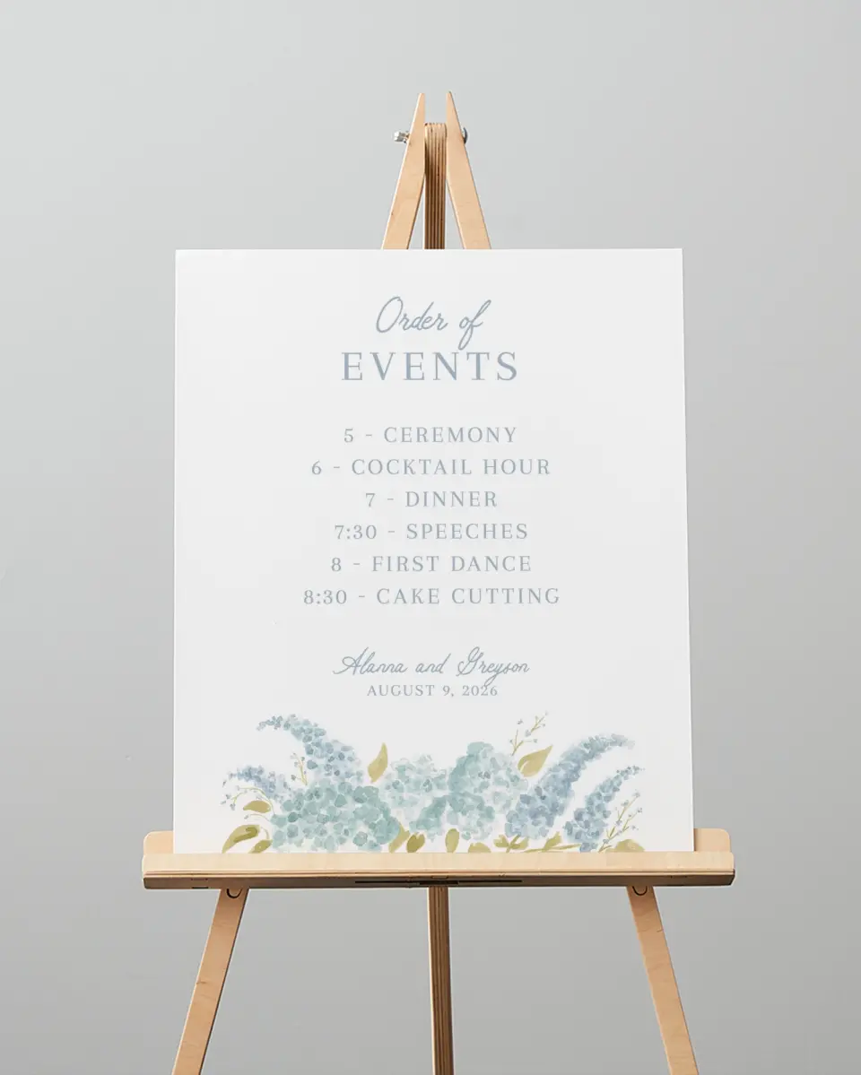 This is a 16" x 20" Schedule Sign called Dashing Delphinium printed in full color