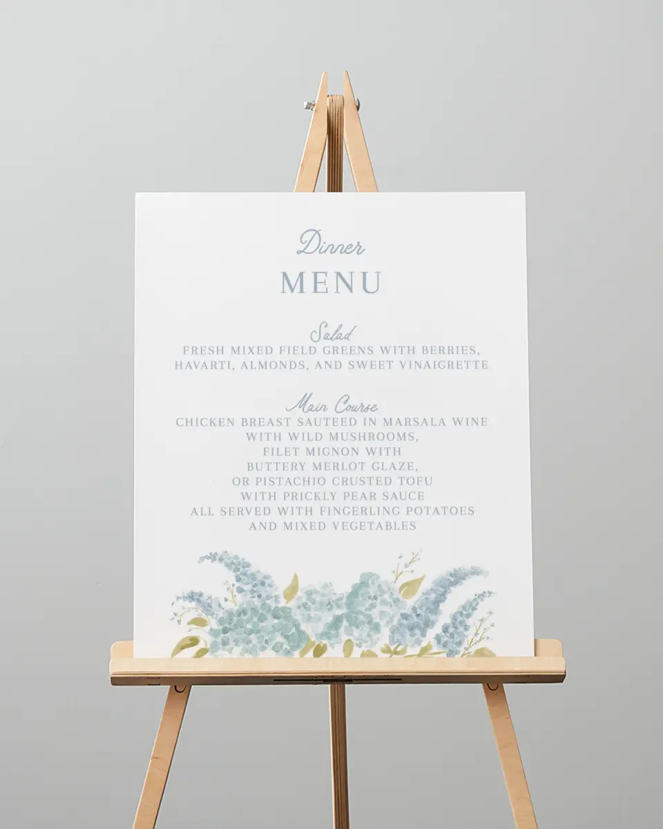 This is a 16" x 20" Menu Sign called Dashing Delphinium printed in full color
