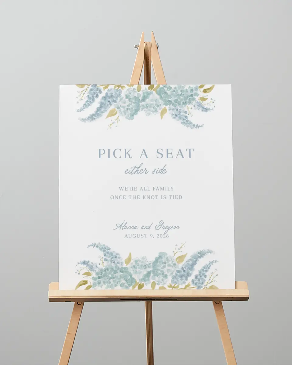 This is a 16" x 20" Pick a Seat Sign called Dashing Delphinium printed in full color