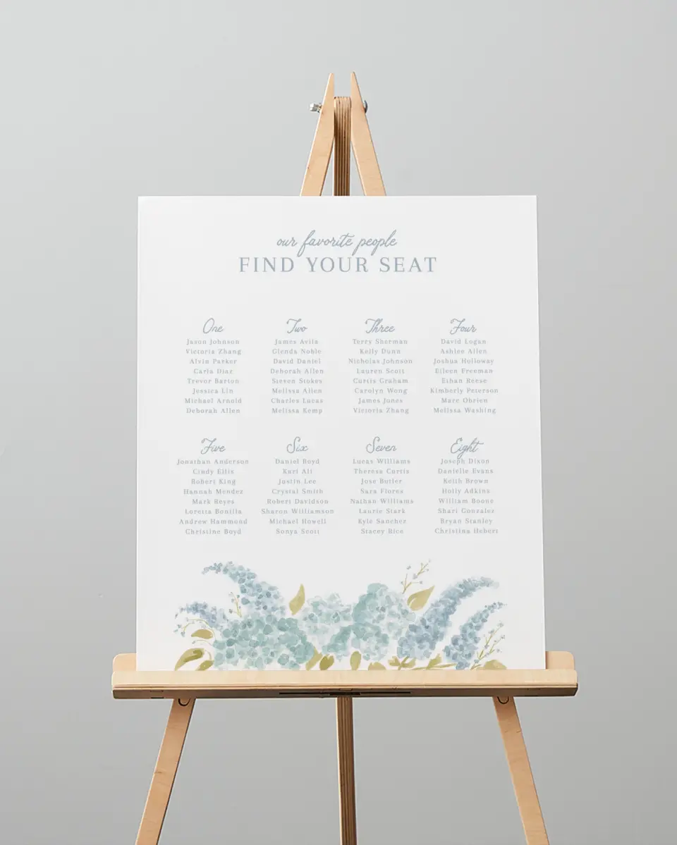 This is a 16" x 20" Seating Chart Sign called Dashing Delphinium printed in full color