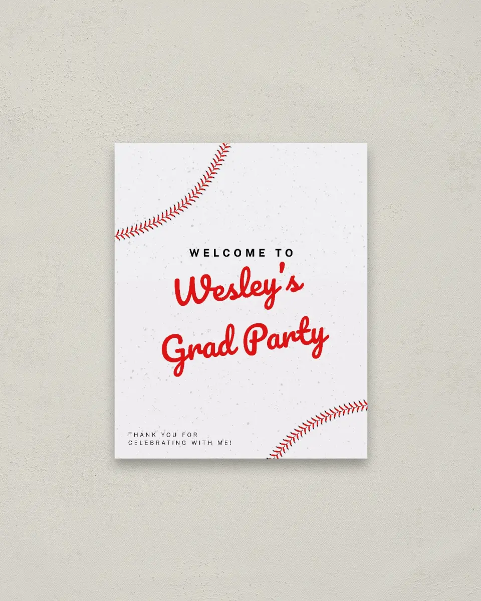This is a 16" x 20" Welcome Grad Sign called Homerun Hero printed in full color