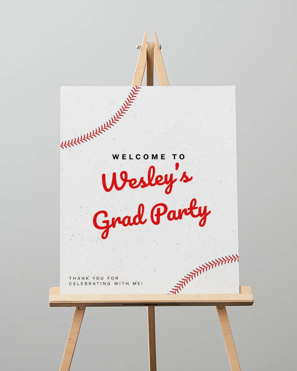 This is a 16" x 20" Welcome Grad Sign called Homerun Hero printed in full color with Silver foil