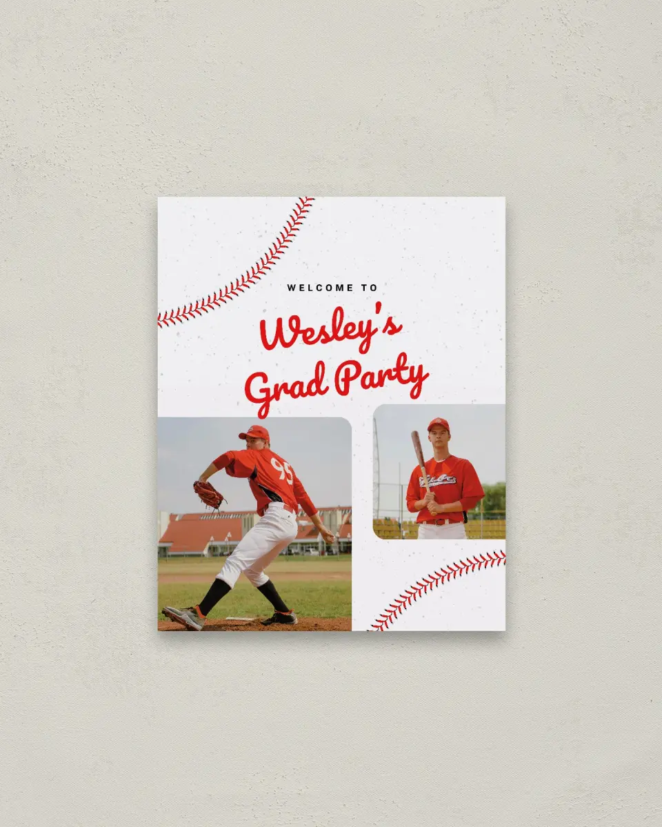 This is a 16" x 20" Welcome Grad Sign called Homerun Hero printed in full color