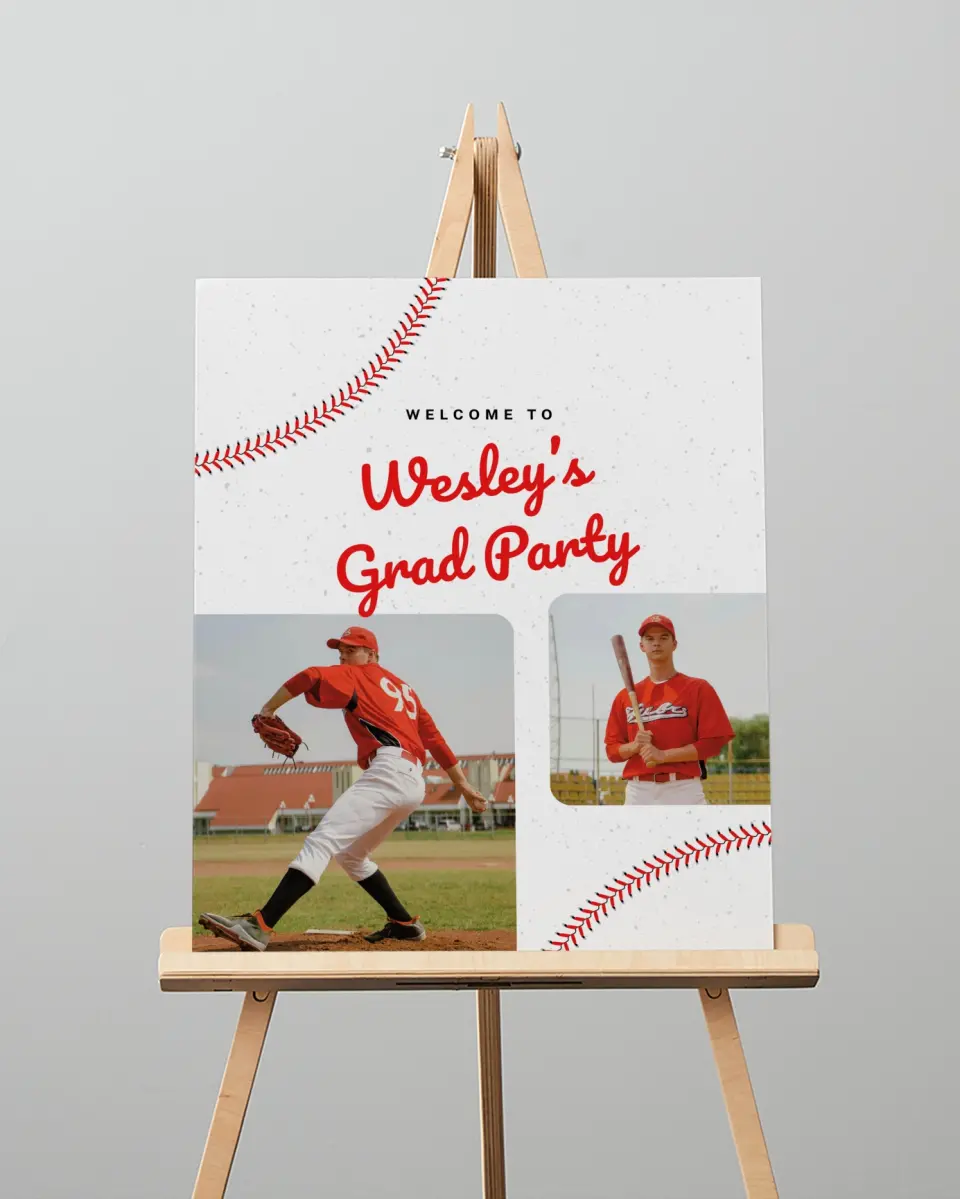 This is a 16" x 20" Welcome Grad Sign called Homerun Hero printed in full color with Silver foil