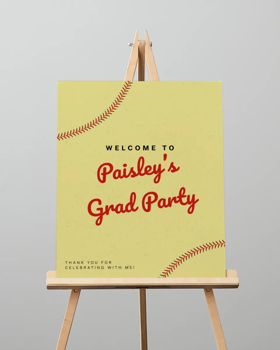 This is a 16" x 20" Welcome Grad Sign called Softball Slugger printed in full color with Silver foil