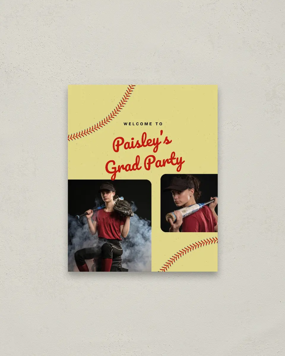 This is a 16" x 20" Welcome Grad Sign called Softball Slugger printed in full color