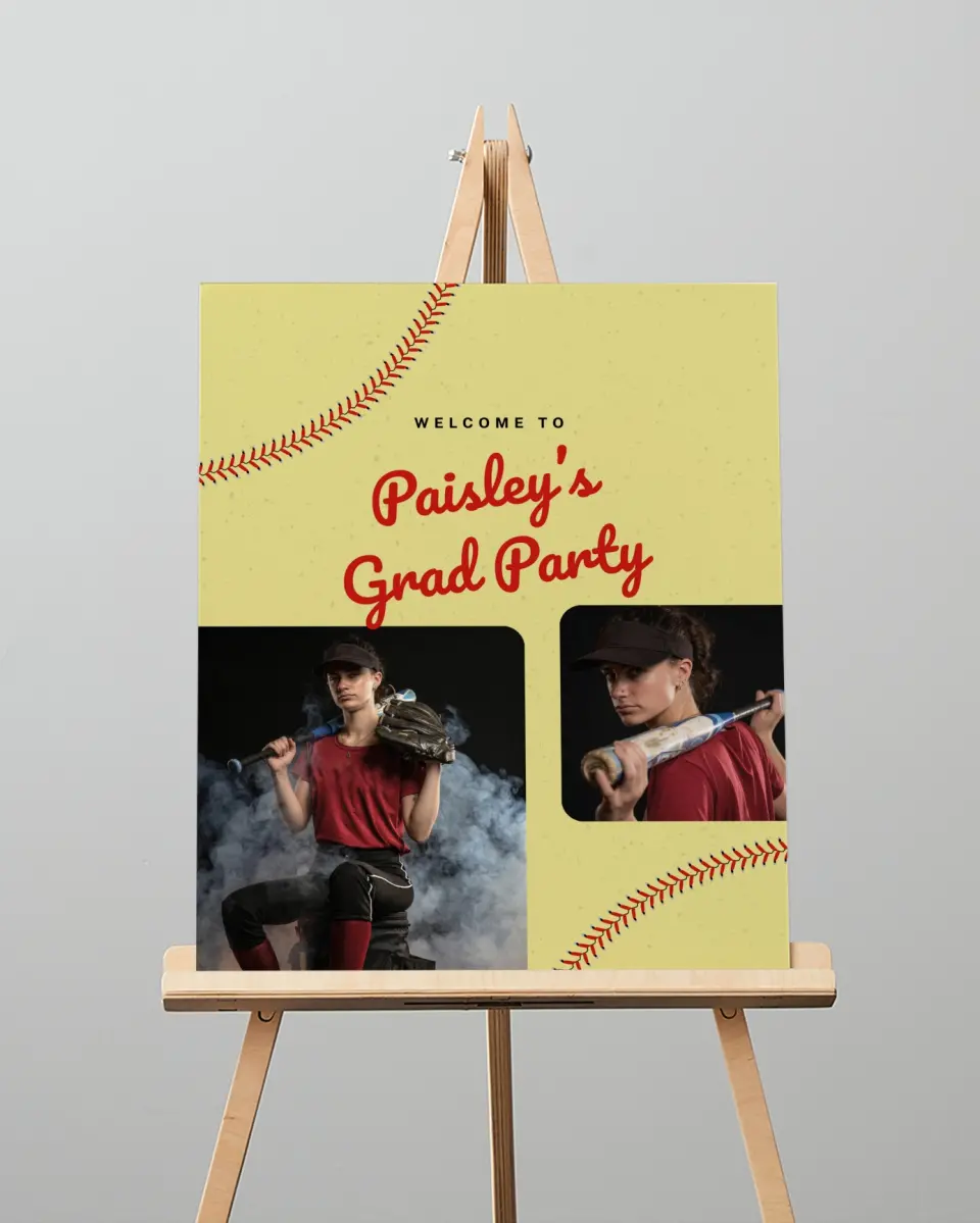 This is a 16" x 20" Welcome Grad Sign called Softball Slugger printed in full color with Silver foil