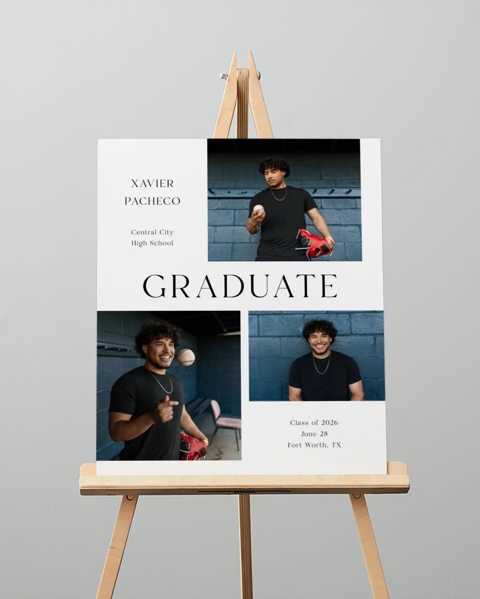 This is a 16" x 20" Welcome Grad Sign called Senior Spread printed in full color with Silver foil