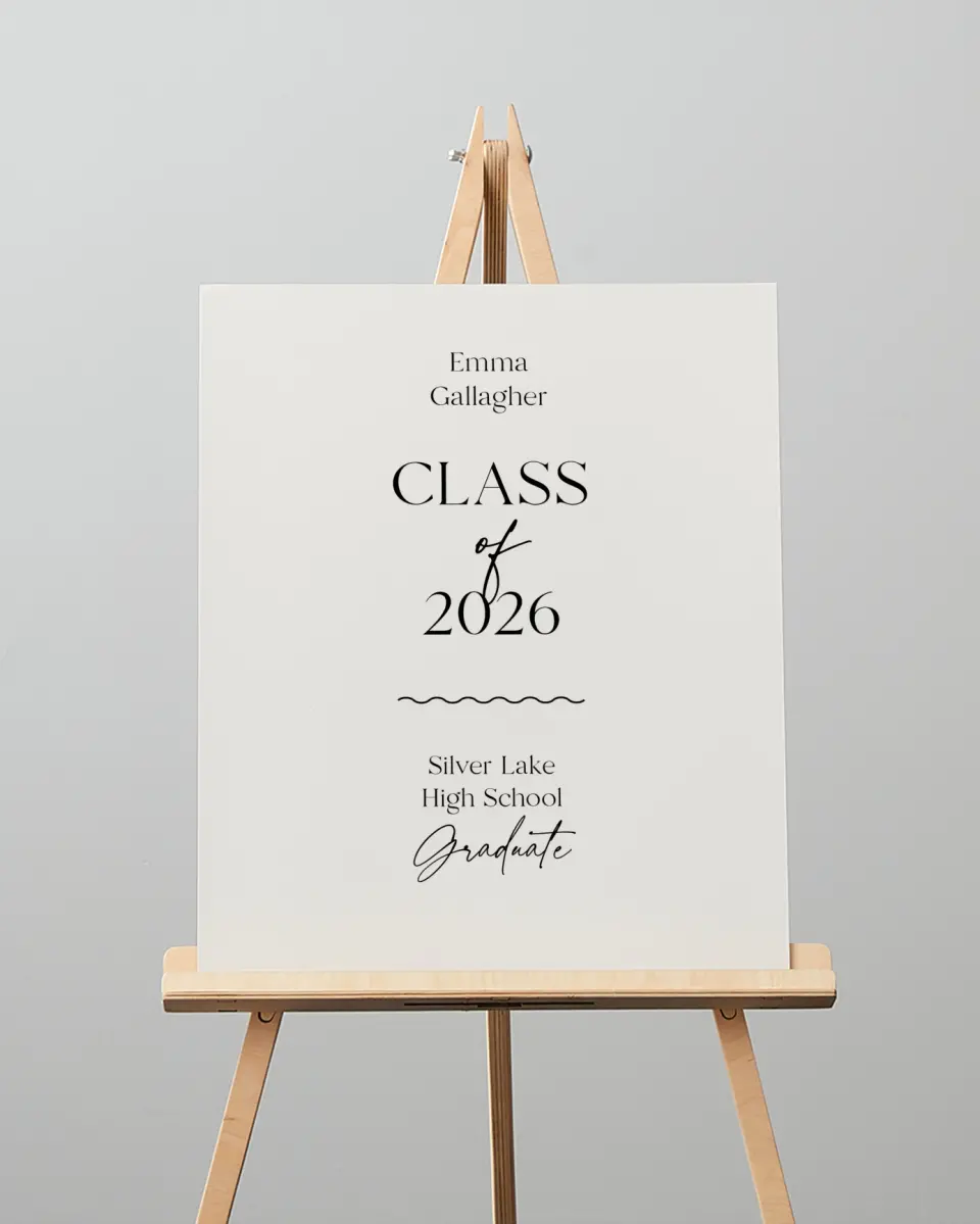 This is a 16" x 20" Welcome Grad Sign called Effortless Edge printed in full color with Silver foil