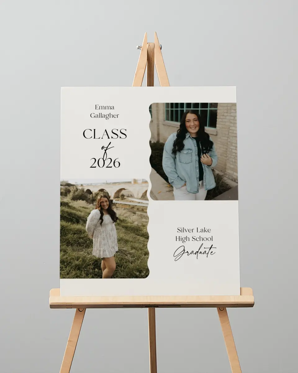 This is a 16" x 20" Welcome Grad Sign called Effortless Edge printed in full color with Silver foil