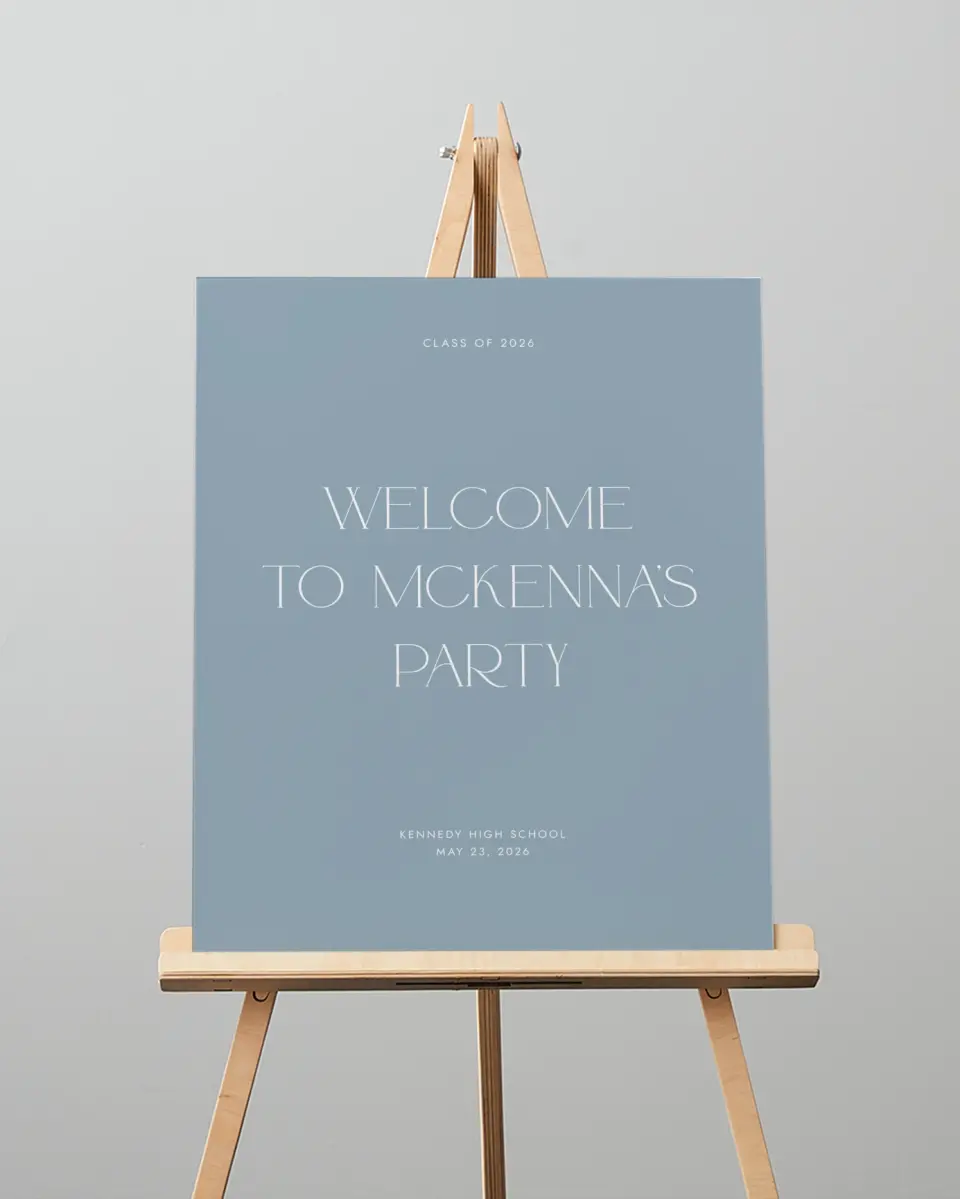This is a 16" x 20" Welcome Grad Sign called Graceful Grad printed in full color with Silver foil