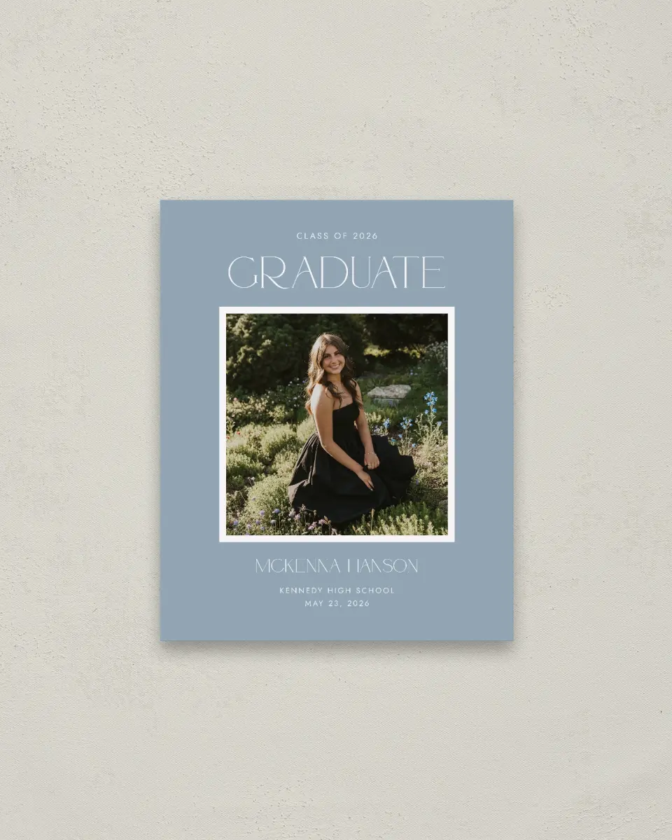 This is a 16" x 20" Welcome Grad Sign called Graceful Grad printed in full color with Gold foil