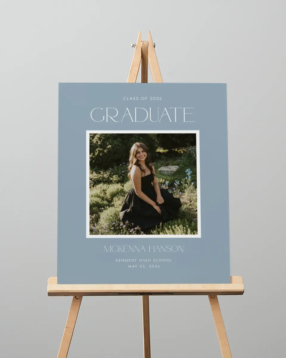 This is a 16" x 20" Welcome Grad Sign called Graceful Grad printed in full color with Silver foil