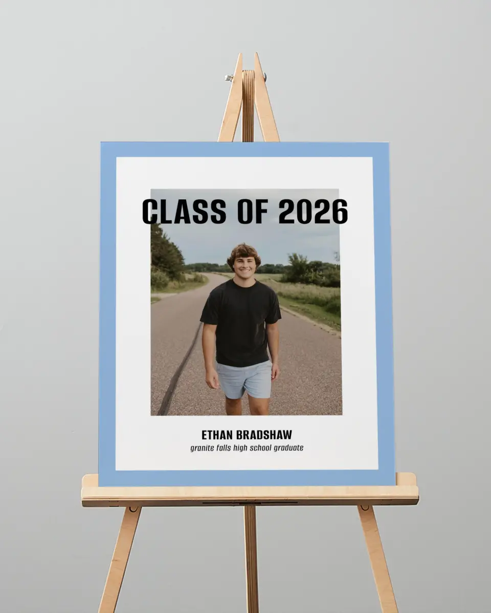 This is a 16" x 20" Welcome Grad Sign called Clean Cut printed in full color