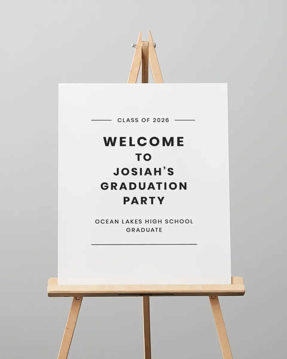 This is a 16" x 20" Welcome Grad Sign called Simple Stroll printed in full color with Silver foil
