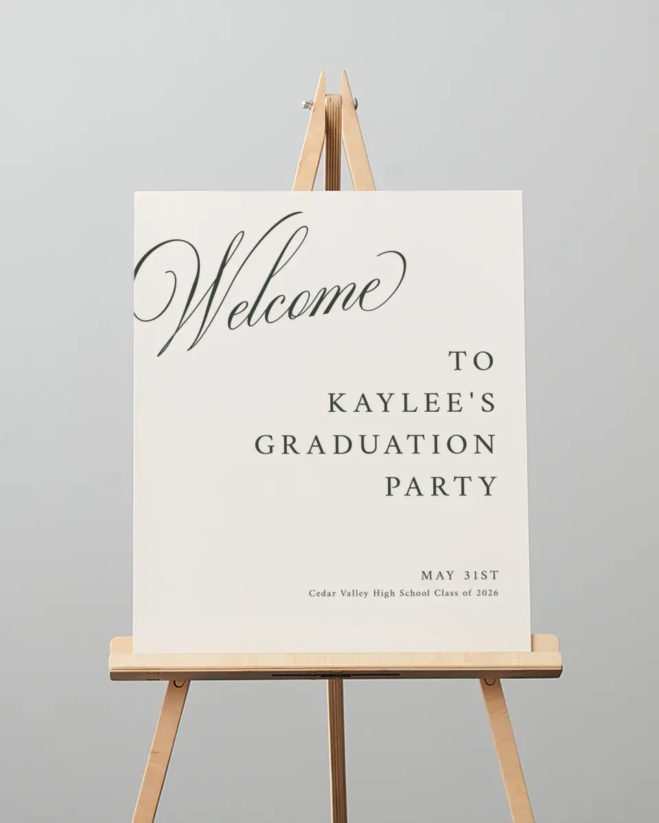 This is a 16" x 20" Welcome Grad Sign called Grand Flourish printed in full color