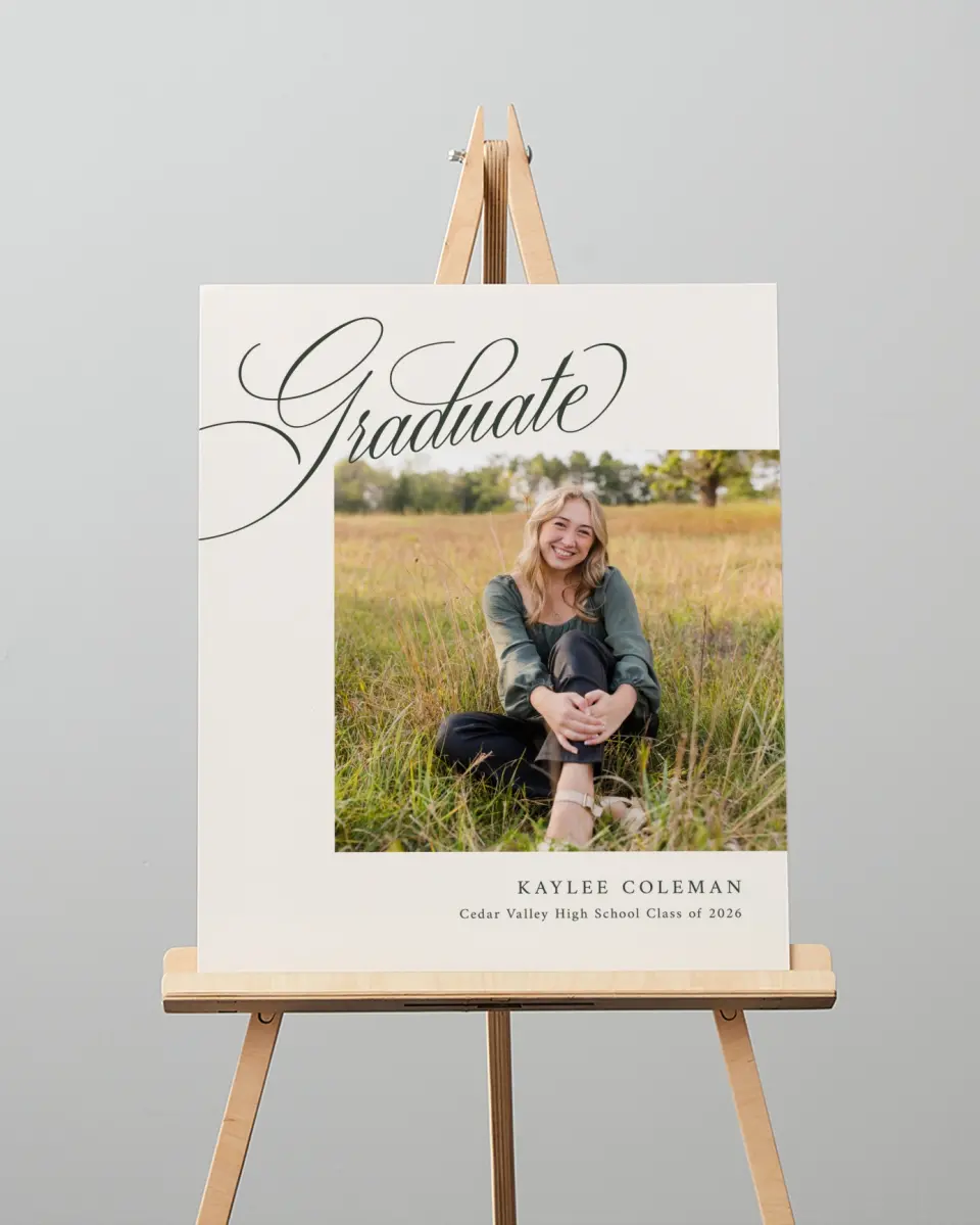 This is a 16" x 20" Welcome Grad Sign called Grand Flourish printed in full color