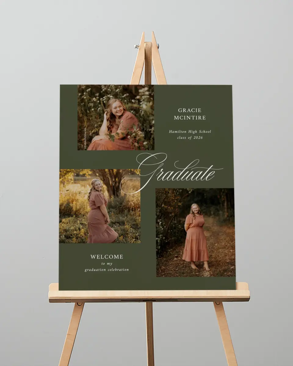 This is a 16" x 20" Welcome Grad Sign called Refined Celebration printed in full color