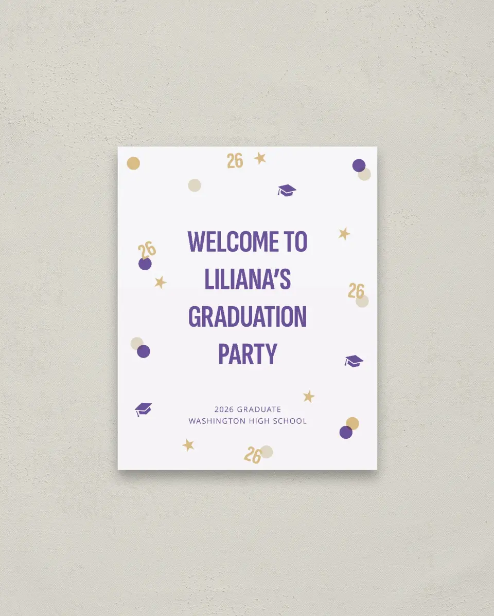 This is a 16" x 20" Welcome Grad Sign called Confetti Toss printed in full color with Gold foil