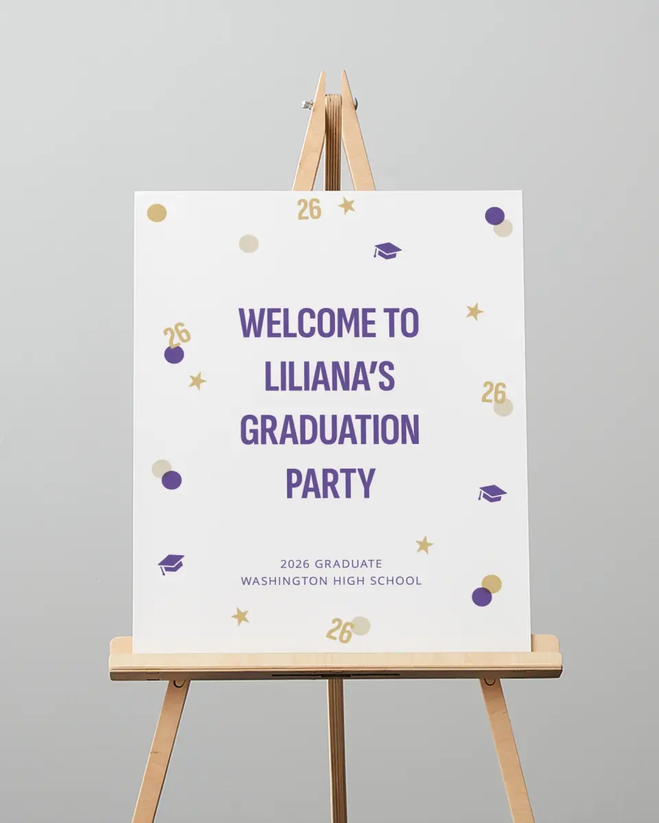 This is a 16" x 20" Welcome Grad Sign called Confetti Toss printed in full color with Gold foil