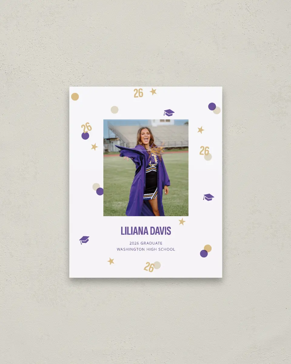 This is a 16" x 20" Welcome Grad Sign called Confetti Toss printed in full color with Gold foil