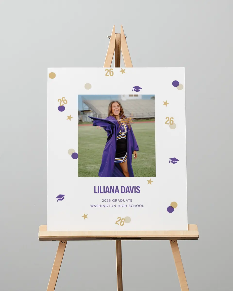 This is a 16" x 20" Welcome Grad Sign called Confetti Toss printed in full color with Silver foil