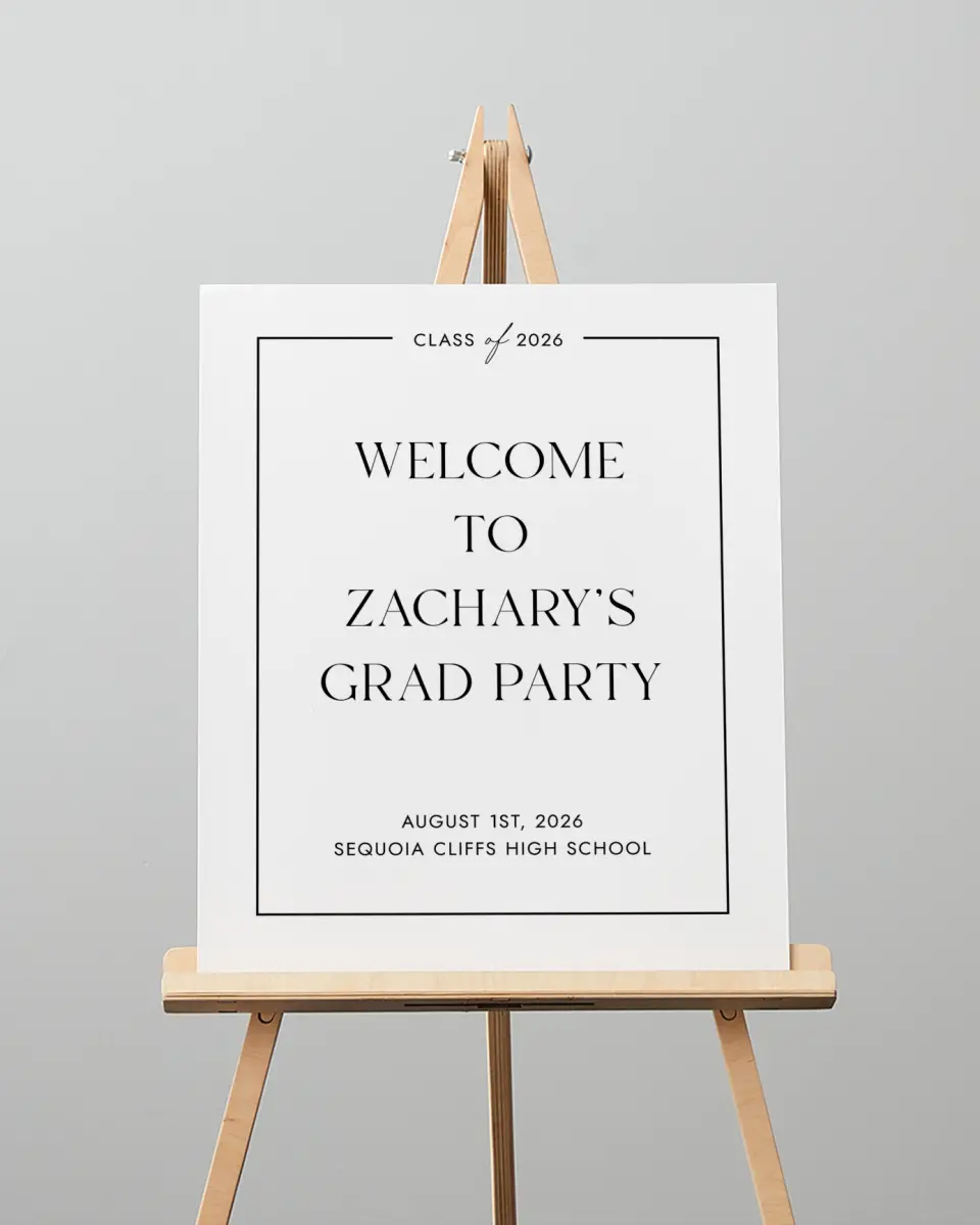 This is a 16" x 20" Welcome Grad Sign called Pure Frame printed in full color