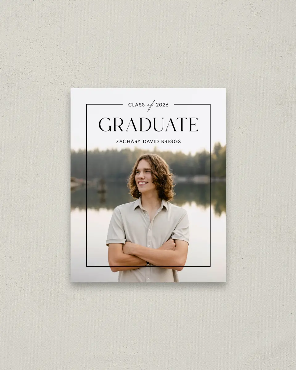 This is a 16" x 20" Welcome Grad Sign called Pure Frame printed in full color
