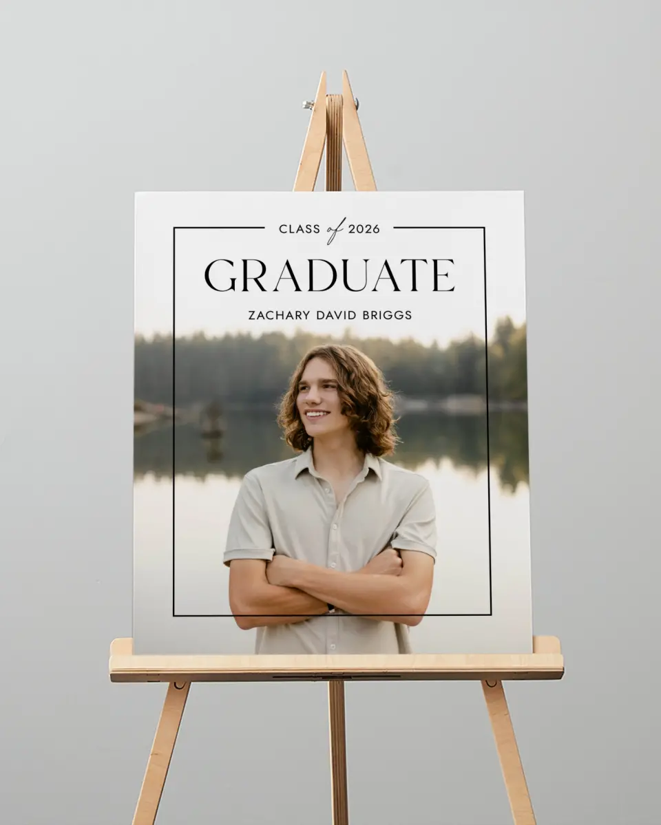 This is a 16" x 20" Welcome Grad Sign called Pure Frame printed in full color