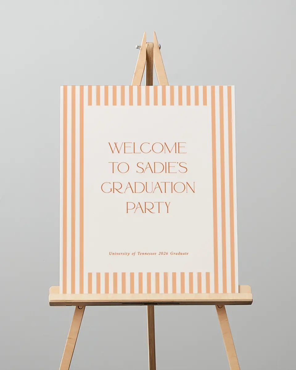 This is a 16" x 20" Welcome Grad Sign called Senior Stripes printed in full color with Silver foil