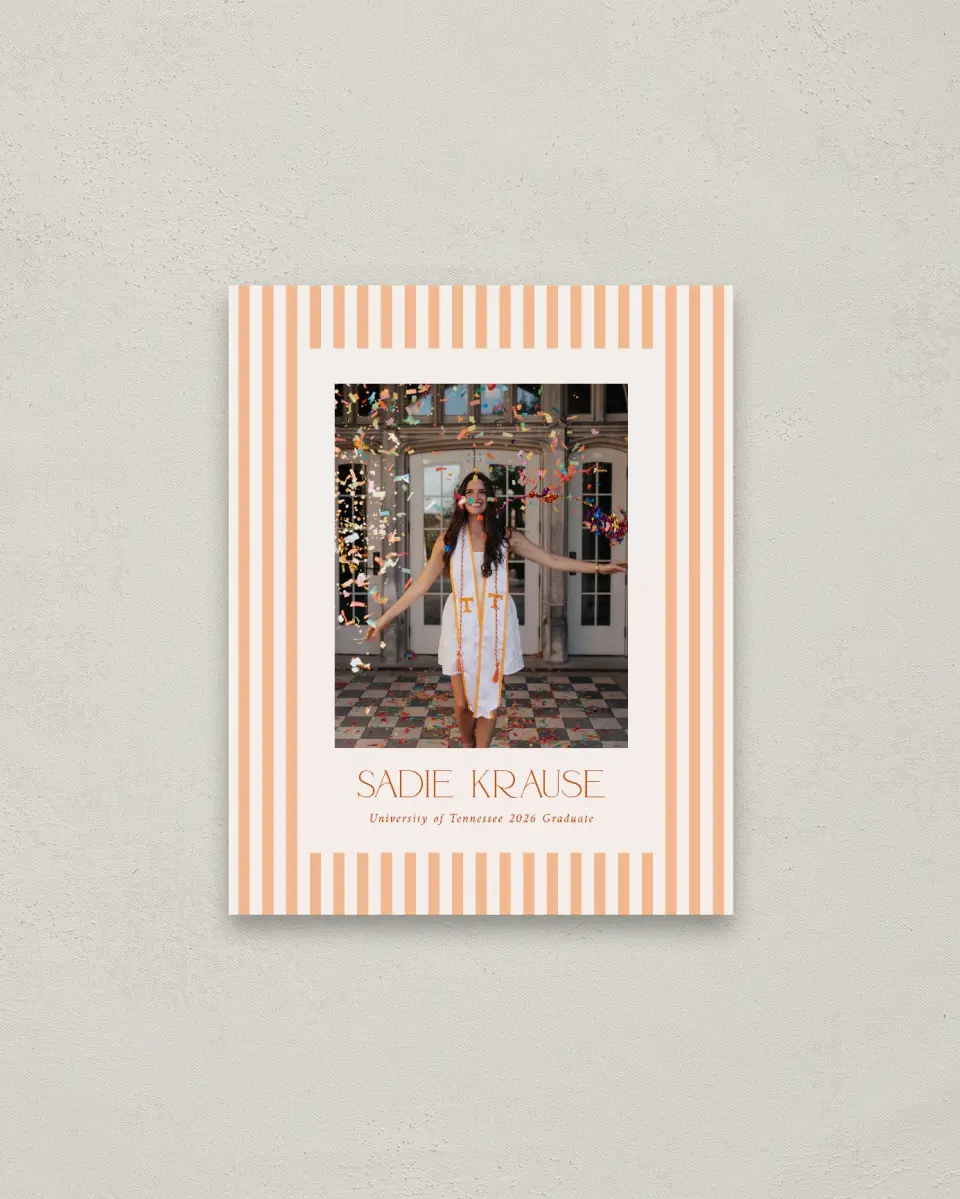 This is a 16" x 20" Welcome Grad Sign called Senior Stripes printed in full color with Gold foil