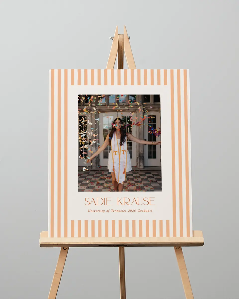 This is a 16" x 20" Welcome Grad Sign called Senior Stripes printed in full color with Silver foil