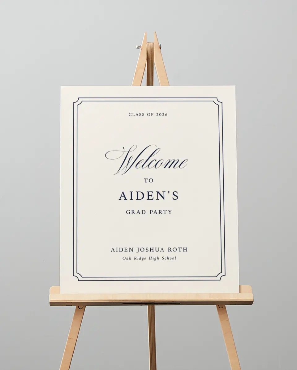 This is a 16" x 20" Welcome Grad Sign called Formal Frame printed in full color with Silver foil