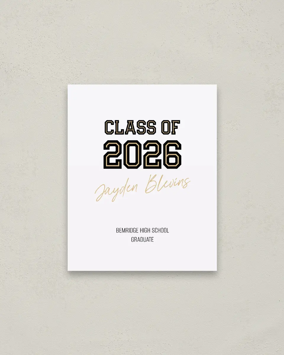 This is a 16" x 20" Welcome Grad Sign called Varsity Vibes printed in full color with Gold foil