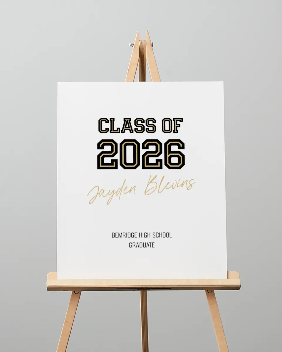 This is a 16" x 20" Welcome Grad Sign called Varsity Vibes printed in full color with Silver foil
