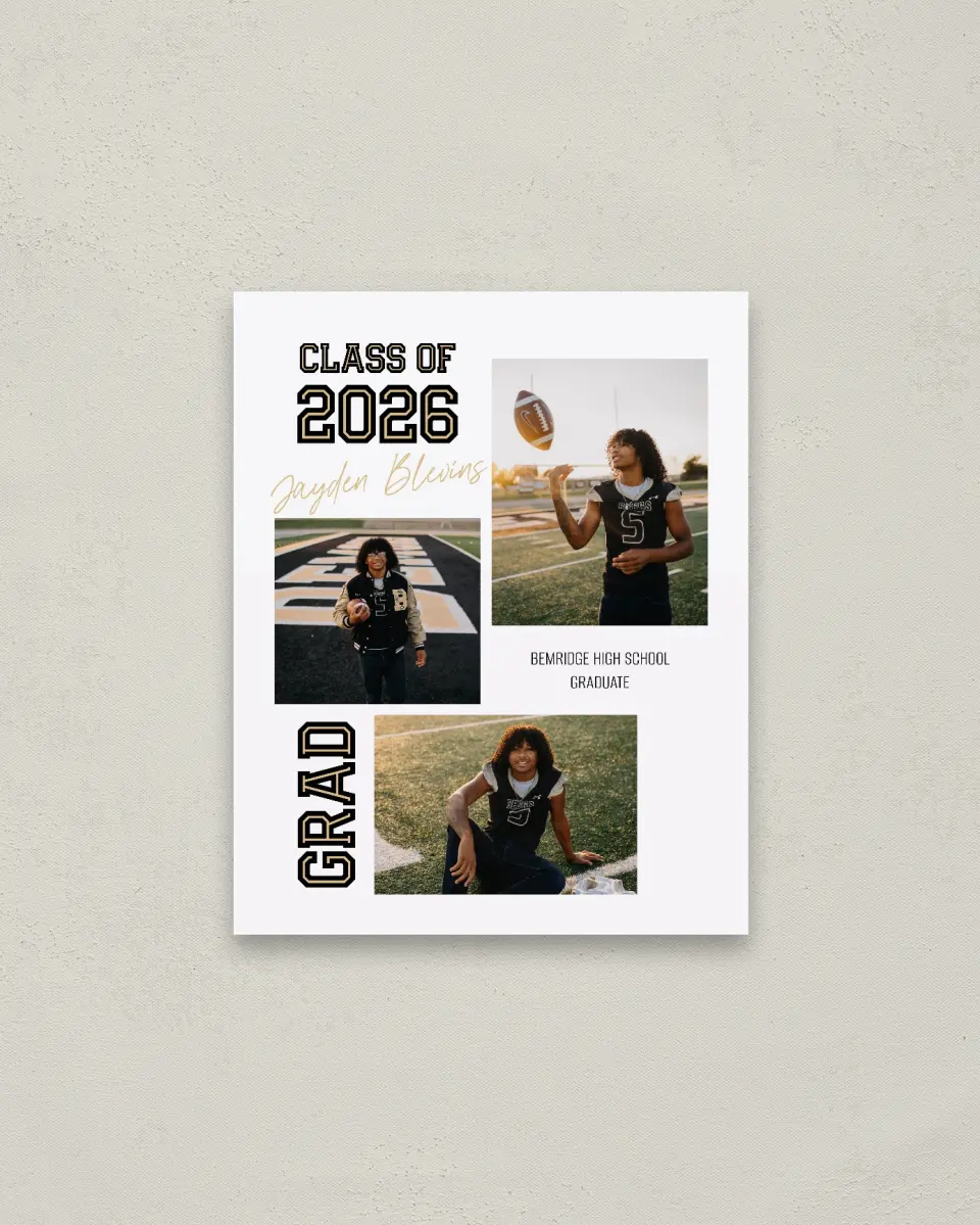 This is a 16" x 20" Welcome Grad Sign called Varsity Vibes printed in full color with Gold foil