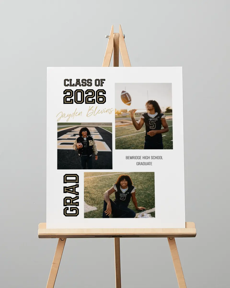 This is a 16" x 20" Welcome Grad Sign called Varsity Vibes printed in full color with Silver foil