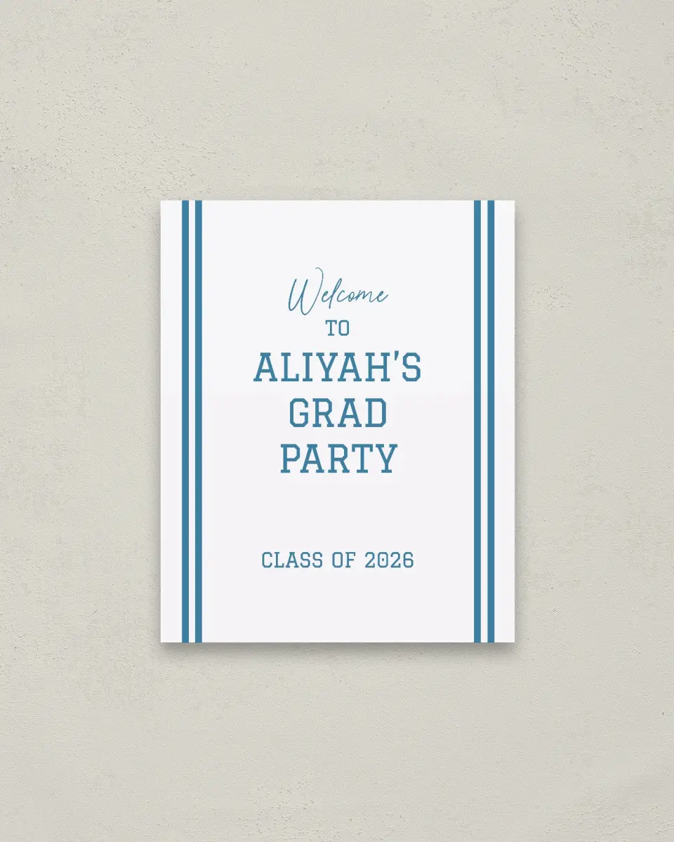 This is a 16" x 20" Welcome Grad Sign called Varsity Stripes printed in full color