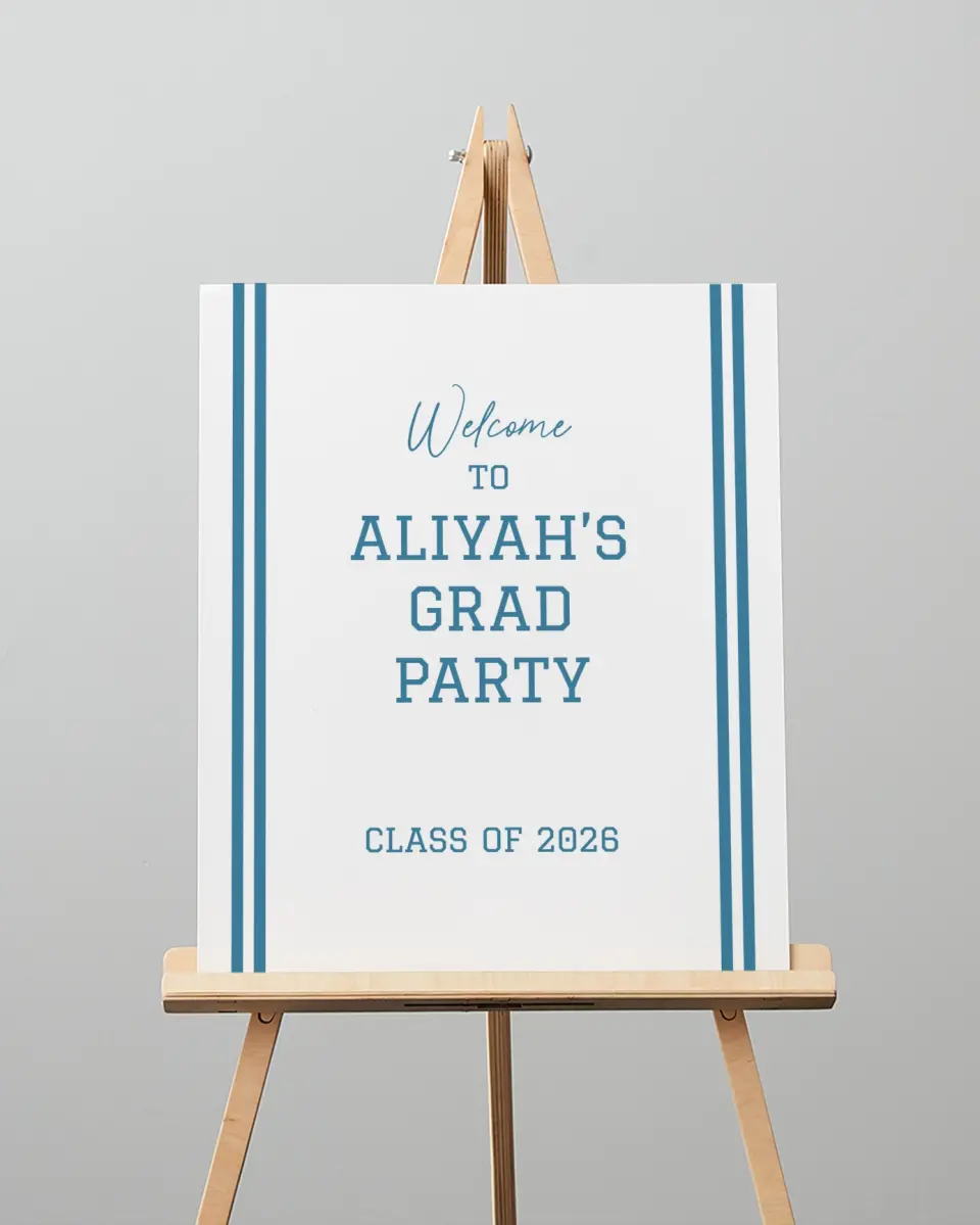This is a 16" x 20" Welcome Grad Sign called Varsity Stripes printed in full color