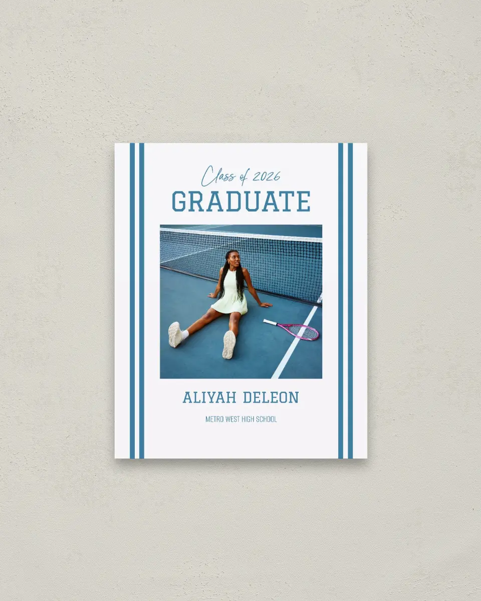 This is a 16" x 20" Welcome Grad Sign called Varsity Stripes printed in full color with Gold foil