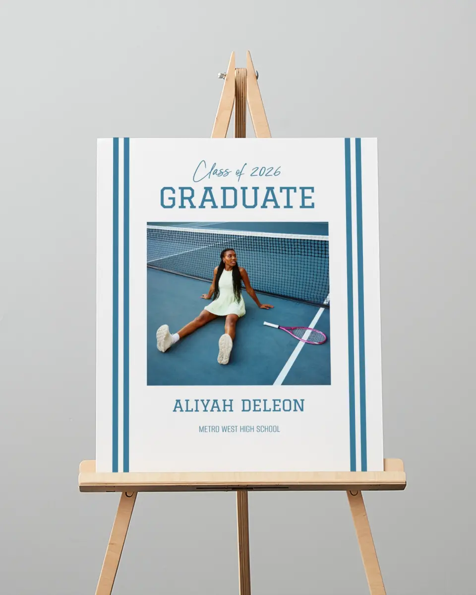 This is a 16" x 20" Welcome Grad Sign called Varsity Stripes printed in full color with Gold foil